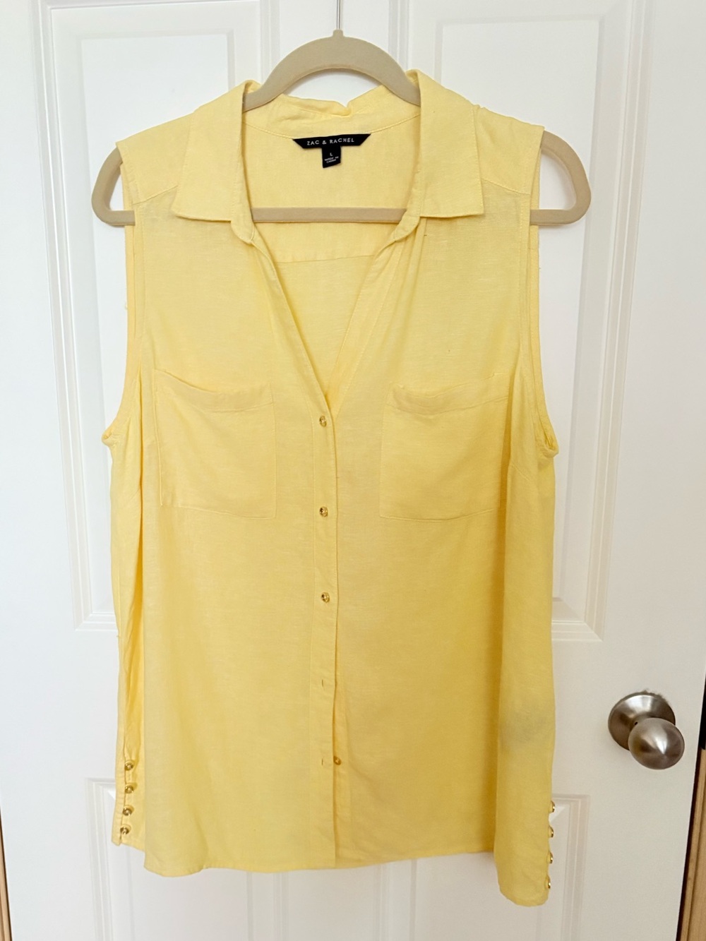 Zac & Rachel Linen Blend Yellow Sleeveless V-Neck Button Tunic